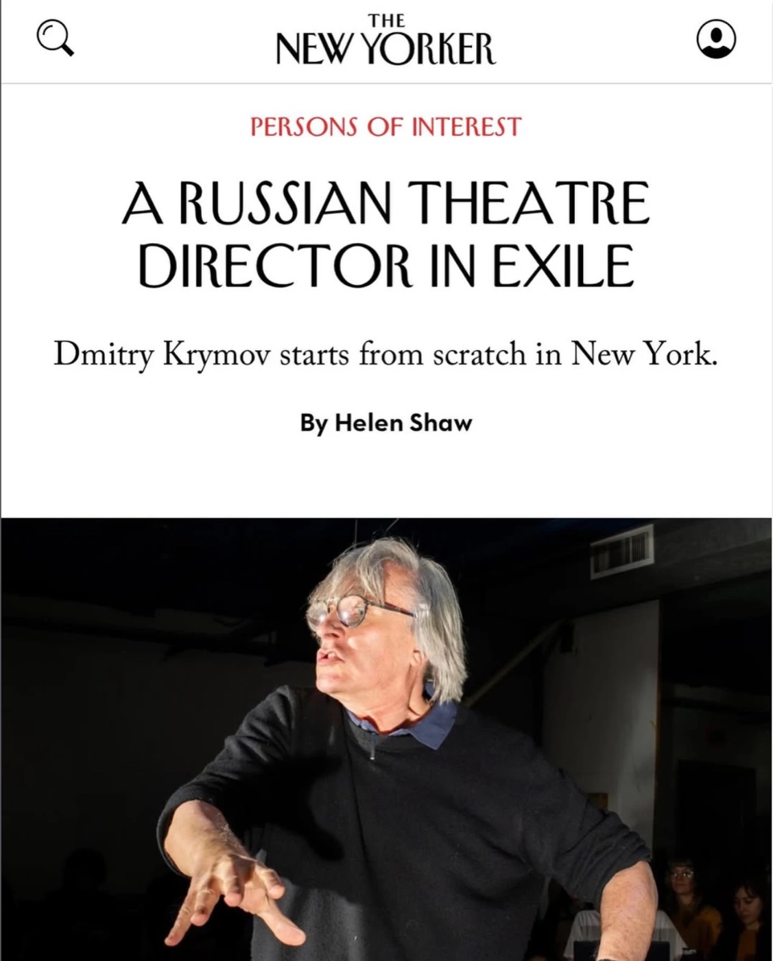 The New Yorker: A Russian Theatre Director in Exile, by Helen Shaw